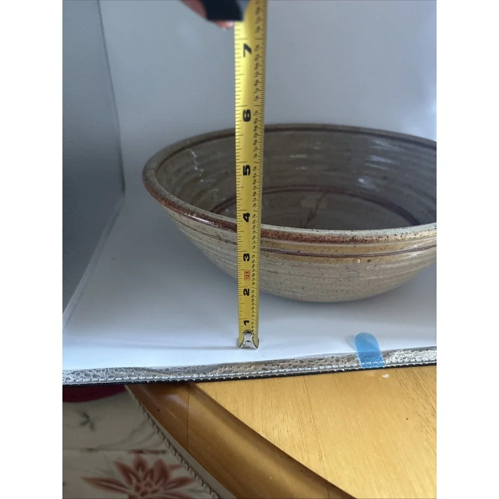 Vtg Large Hand Thrown Ceramic Pottery Serving Bowl, Artist Signed 10 X 3 3/4